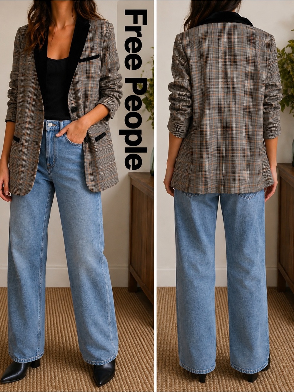 Free People Velvet Trim Plaid Blazer Size Medium